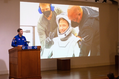 Woody Hoburg, Berkeley alum and NASA astronaut, shares an image of him in his spacesuit